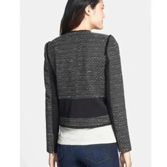 Halogen Boucle Tweed Mixed Media Fringe Black & White Edge Blazer Jacket Padded - Picture 2 of 8